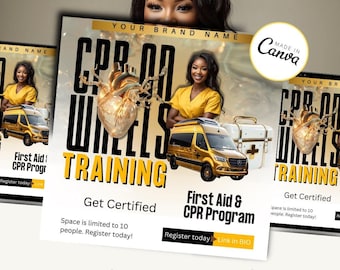 May include: A flyer for CPR and First Aid training. The flyer is yellow and black with a red heart and a white van. The text on the flyer reads "CPR Wheels Training", "Get Certified", "First Aid & CPR Program", "Space is limited to 10 people. Register today!" and "Register today! Link in BIO".