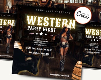 Western Night Party Flyer Template, Party Flyer, club Flyer, Canva Flyer, Canva Template 2024, digital flyer, motion flyer, Cowgirl Rodeo