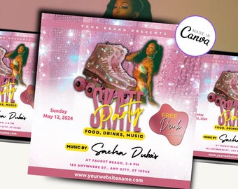 May include: Pink and yellow flyer with a woman on roller skates. The flyer advertises a skate party with food, drinks, and music. The event is on Sunday, May 12, 2024, at Fauget Beach. The flyer is designed with a pink and white glitter background.