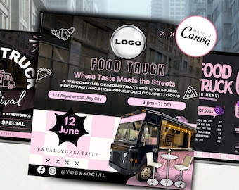 May include: A black and pink food truck graphic design template for Canva. The template features a black food truck with a pink awning and a pink and white chequered background. The text "Food Truck Canva Templates" is displayed in large, bold letters at the bottom of the template.