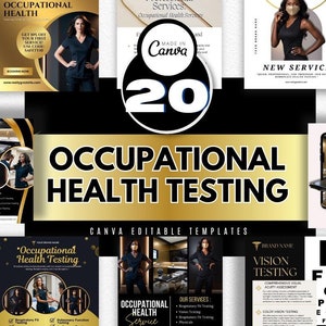Pode incluir: Um conjunto de 20 modelos editáveis do Canva para serviços de testes de saúde ocupacional. Os modelos apresentam um esquema de cores dourado e preto com imagens de profissionais de saúde e equipamentos. O texto "Occupational Health Testing" é exibido de forma proeminente em uma fonte preta e em negrito.