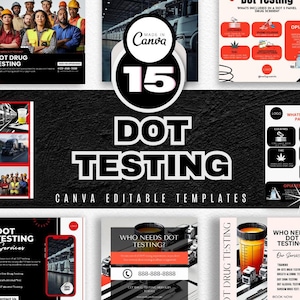 以下が含まれることがあります： DOT薬物検査サービス用のカスタマイズ可能なCanvaテンプレート15個セット。テンプレートは、黒と赤のカラーテーマで、トラックと薬物検査機器の画像が使用されています。テキスト「DOT Testing」は、太字の白いフォントで目立つように表示されています。