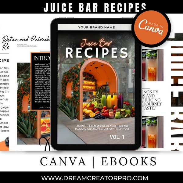 May include: A digital ebook cover titled "Juice Bar Recipes" with a vibrant orange juice bar scene. The cover features various colorful juices and fruits, with text that reads "Embrace the seasons: fresh, nutritious, and delicious juice recipes for every time of year."