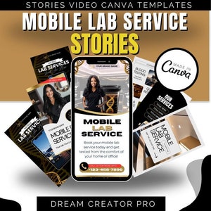 Peut inclure: Une publicité pour un service de laboratoire mobile avec un schéma de couleurs noir et or. La publicité présente un écran de téléphone avec le texte "Mobile Lab Service" et une femme en blouse de laboratoire. La publicité comprend également le texte "Réservez votre service de laboratoire mobile dès aujourd'hui et faites-vous tester dans le confort de votre domicile ou de votre bureau !" et un numéro de téléphone.