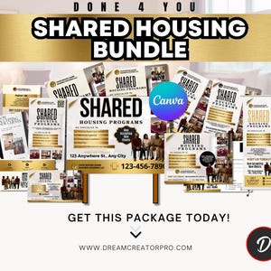 May include: A promotional bundle for shared housing programs, featuring various marketing materials. The design includes flyers, brochures, and banners with the text "SHARED HOUSING PROGRAMS" and contact information. The color scheme is gold and white.