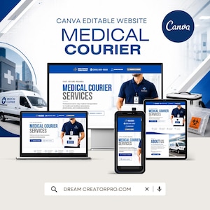 May include: A Canva editable website template for medical courier services displayed on a desktop monitor, laptop, smartphone, and tablet. The design features blue and white branding, a courier van, and a person holding a medical package.