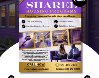 Shared Housing Flyer Template | Affordable Living Canva Flyer | Transitional Room Rental Ad | Editable Design