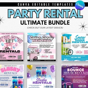 Könnte beinhalten: Eine Werbegrafik für Partyvermietungen mit dem Text "Party Rental Ultimate Bundle". Das Bild zeigt verschiedene Mietoptionen, darunter Zuckerwatte, Schneekegel, Slush-Eis und Hüpfburgen, mit Preisen und Kontaktdaten.