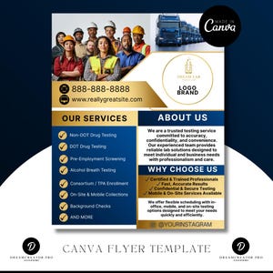 May include: A flyer with a group of people in work attire, a logo, and text. The flyer promotes drug testing, pre-employment screening, and other services. Contact information and social media handles are included.