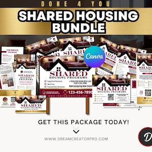 Op de afbeelding: Een promotiepakket voor gedeelde huisvestingsprogramma's, met diverse marketingmaterialen. Het ontwerp omvat flyers, banners en bewegwijzering met de tekst "SHARED HOUSING PROGRAMS" en contactgegevens. Het kleurenschema is voornamelijk goud, bordeauxrood en wit.