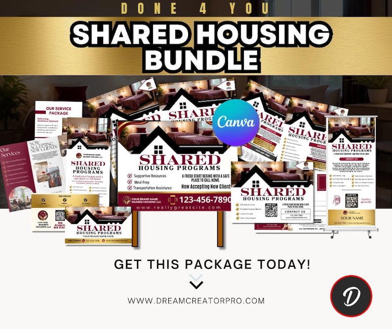 Op de afbeelding: Een promotiepakket voor gedeelde huisvestingsprogramma's, met diverse marketingmaterialen. Het ontwerp omvat flyers, banners en bewegwijzering met de tekst "SHARED HOUSING PROGRAMS" en contactgegevens. Het kleurenschema is voornamelijk goud, bordeauxrood en wit.