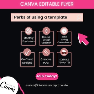 Puede incluir: Un gr&aacute;fico rosa y negro con el texto "CANVA EDITABLE FLYER" y "Ventajas de usar una plantilla". El gr&aacute;fico enumera los beneficios de usar una plantilla de Canva, que incluyen frescura mensual, selecci&oacute;n diversa de dise&ntilde;os, comodidad de ahorro de tiempo, dise&ntilde;os de tendencia, publicaci&oacute;n creativa y plantillas editables. El gr&aacute;fico tambi&eacute;n incluye el texto "&iexcl;&Uacute;nete hoy!" y "creator@dreamcreatorpro.co.site".
