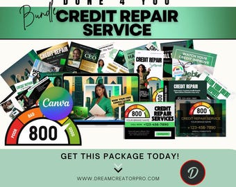 Op de afbeelding: Een promotionele afbeelding voor een kredietreparatieservice, met diverse marketingmaterialen. Het ontwerp bevat de tekst "DONE 4 YOU" en "CREDIT REPAIR SERVICE". Een kredietscore-indicator toont een score van 800. Het Canva-logo is ook zichtbaar.