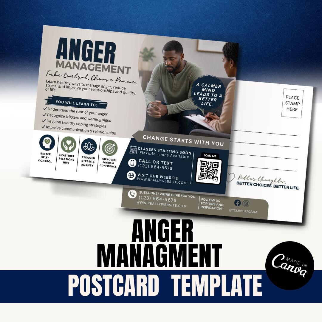Anger Management Postcard Template | Counseling Flyer Canva | Therapy ...
