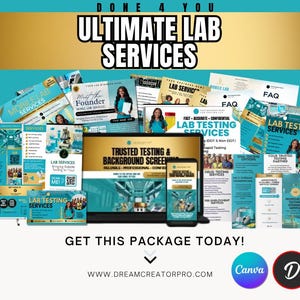 May include: A promotional image for Ultimate Lab Services, featuring various marketing materials. The design includes a laptop, smartphone, and printed brochures with the text "LAB TESTING SERVICES" and "TRUSTED TESTING & BACKGROUND SCREENING". The color scheme is teal, gold, and white.
