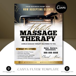 Può includere: Volantino promozionale per la massoterapia mobile. Il design presenta un lettino da massaggio nero, dettagli dorati e il testo "Mobile Massage Therapy". Elenca servizi e informazioni di contatto.