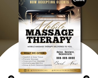 Modello Canva per volantino per massaggi su cellulare / Volantino modificabile per servizi di massoterapia / Marketing aziendale stampabile per centri benessere e spa a domicilio
