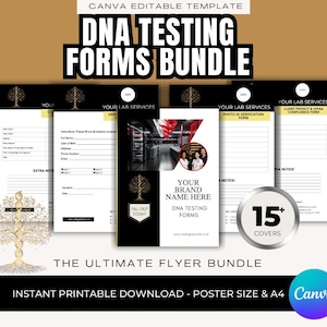 May include: A bundle of DNA testing forms with the text "DNA TESTING FORMS BUNDLE". The forms are in black and white, with gold accents. The bundle includes 15+ covers and is available as an instant printable download.