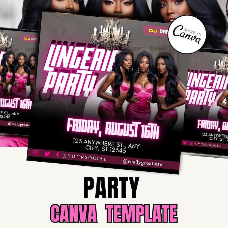 Lingerie Party Event Flyer Template/ Party flyer / Digital Flyer / Club Template / Event PARTY Canva / Editable / slumber party / pink women
