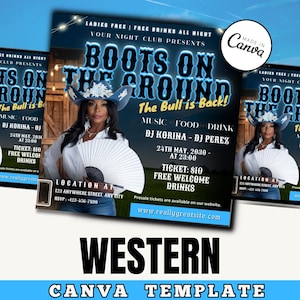 Puede incluir: Un folleto para un evento de temática western llamado "Boots on the Ground" con una mujer que lleva un sombrero de vaquero y sostiene un abanico. El evento es el 24 de mayo de 2030 a las 23:00 y presenta a los DJ Korina y Perez. El folleto incluye el texto "The Bull is Back!" y "Free Welcome Drinks".
