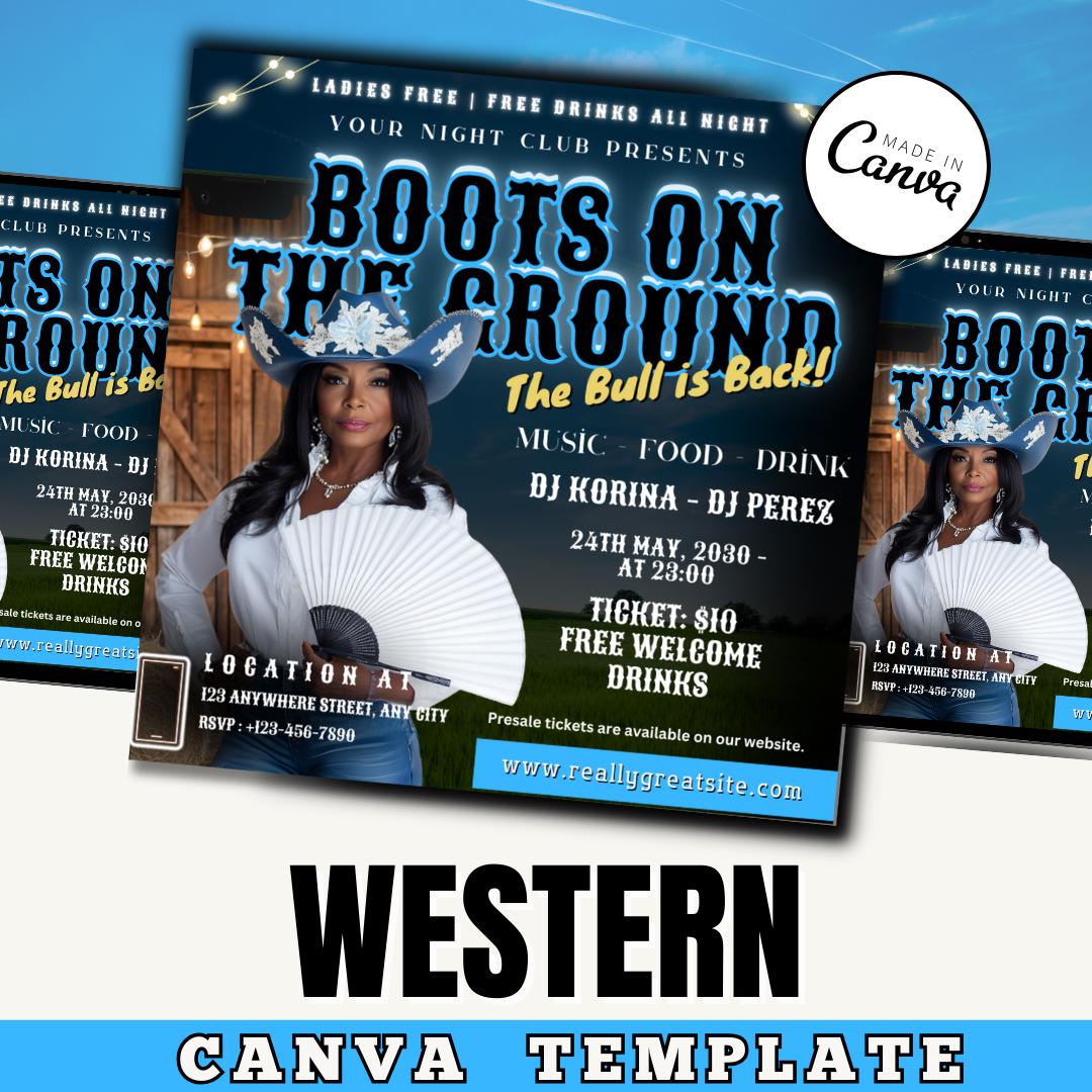 Western Night Party Flyer Template, Party Flyer, club Flyer, Canva Flyer, Event Flyer, digital flyer, Dukes N Boots, Cowgirl Rodeo / Ig
