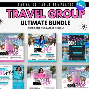 May include: A promotional graphic for a travel group, featuring the text "TRAVEL GROUP ULTIMATE BUNDLE." The design includes images of passports, travel destinations, and the phrase "Travel Gone Wild." The color scheme is primarily pink, blue, and white.