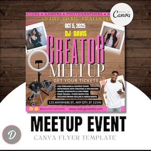 以下が含まれることがあります： クリエイターミートアップイベントのピンクと黒のチラシ。チラシには「Creator Meetup」と「Get Your Tickets」の文字が含まれています。写真、リングライト、カメラ、携帯電話を持っている人も表示されています。