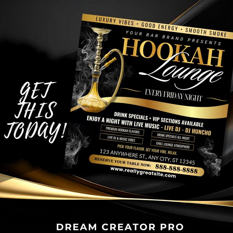 Hookah Night Flyer Template Canva, Gold Luxury Club Flyer, Hookah ...