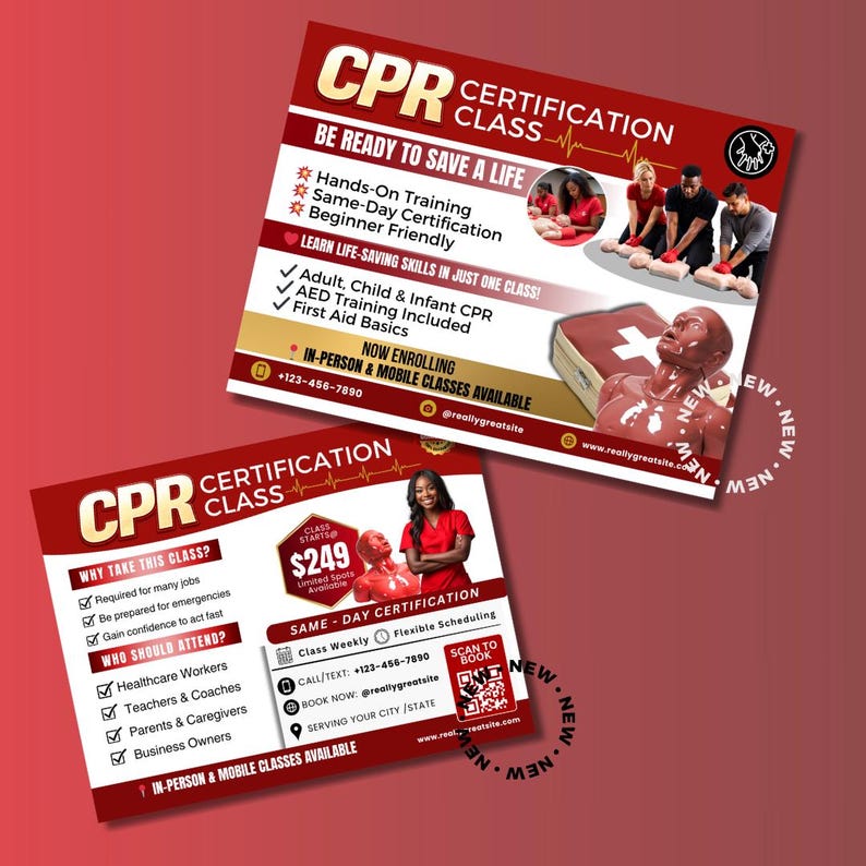 CPR Class Postcard Template | CPR Certification Flyer | Red CPR ...
