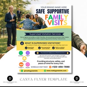 Könnte beinhalten: Ein Flyer mit der Aufschrift "SAFE SUPPORTIVE FAMILY VISITS", der für betreute Familienbesuche wirbt. Der Flyer enthält ein Familienfoto und Kontaktinformationen.