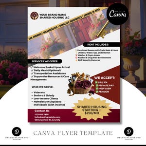 May include: A flyer for shared housing, featuring a house image and text. The flyer lists services, who is served, and contact information. It includes a basket of items and text that says "Shared Housing Starting - $750/MO".