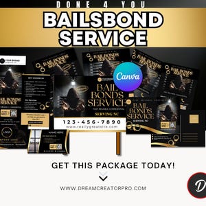 May include: A promotional package for a bail bonds service, featuring various marketing materials. The design includes business cards, flyers, and a sign, all with a consistent black and gold color scheme. Text includes "BAIL BONDS SERVICE" and contact information.