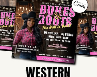 Western Night Party Flyer Template, Party Flyer, club Flyer, Canva Flyer, Event Flyer, digital flyer, motion, Cowgirl Rodeo / Instagram