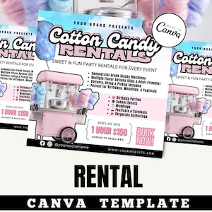 May include: Pink cotton candy rental flyer with a cotton candy machine illustration. The flyer includes text about party rentals for events, including birthday parties and weddings. The flyer also includes the text "Book Now!"