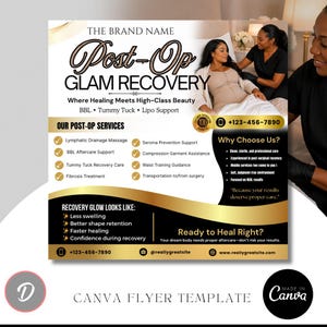Op de afbeelding: Een promotieflyer voor Post-Op Glam Recovery-diensten. De flyer bevat tekst zoals "BBL", "Tummy Tuck" en "Lipo Support". Het bevat postoperatieve diensten en voordelen, met een foto van een vrouw die zorg ontvangt. Contactgegevens zijn inbegrepen.