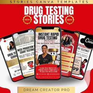 May include: A graphic design featuring five smartphones displaying drug testing service advertisements. The phones showcase text like "Drug Testing Stories," "Instant Rapid Drug Testing," and "Probation Court Testing." The design incorporates red and gold accents.