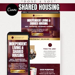 May include: A digital marketing design for shared housing, shown on a smartphone and a computer screen. The design features the text "Independent Living & Shared Housing" in a burgundy and gold colour scheme. The Canva logo is in the upper left corner.