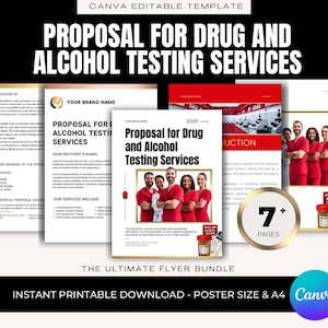 Può includere: Un modello modificabile di Canva per una proposta di servizi di test antidroga e alcol. Il design presenta un documento centrale con il titolo, circondato da altre pagine e un team di persone con camicie rosse. Il testo include "7+ pagine" e "Download stampabile istantaneo".