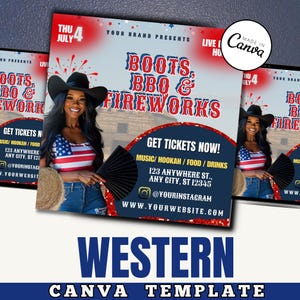 Puede incluir: Un folleto con un esquema de color rojo, blanco y azul que anuncia un evento "Boots, BBQ & Fireworks". El folleto presenta a una mujer con un sombrero de vaquero y una camisa roja, blanca y azul. El texto del folleto incluye la fecha "4 de julio", el nombre del evento y la frase "¡Consigue tus entradas ahora!"