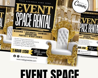 Modèle de Flyer de location d'espaces événementiels / Organisation d'événements / Flyer numérique / Canva / Offres de lieux / Invitation à un événement / Réservation d'espace / Espace de réunion