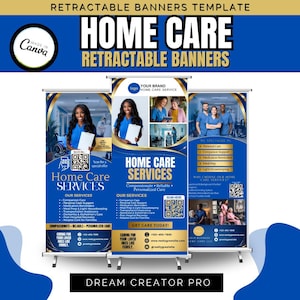 May include: A promotional banner template for home care services. The design uses a blue and gold colour scheme, with images of caregivers and patients. Text includes "Home Care Services" and a list of services.