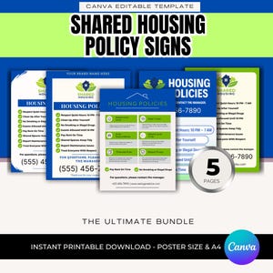 Puede incluir: Un paquete de cinco letreros imprimibles de políticas de vivienda compartida. Los letreros presentan un esquema de color azul, verde y blanco con texto como "Políticas de vivienda" y "Vivienda compartida". Los letreros incluyen una lista de reglas e información de contacto.