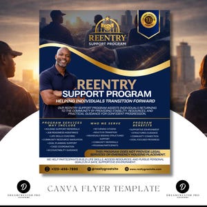 Könnte beinhalten: Ein marineblauer Flyer für ein Reentry Support Program. Der Flyer zeigt einen lächelnden Mann und den Text „Helping Individuals Transition Forward“. Er listet Programmdienste, wer bedient wird und Programmvorteile auf. Der Flyer enthält Kontaktinformationen und ein Canva Flyer Template-Logo.