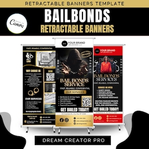 May include: Three retractable banners with the text "BAILBONDS" and "RETRACTABLE BANNERS". The banners are black, white, and red, with information about bail bond services, including QR codes and contact details.