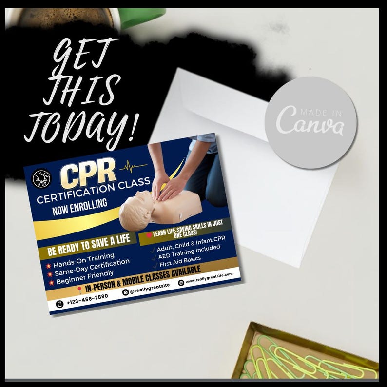 CPR Class Postcard Template | CPR Certification Flyer | Red CPR ...