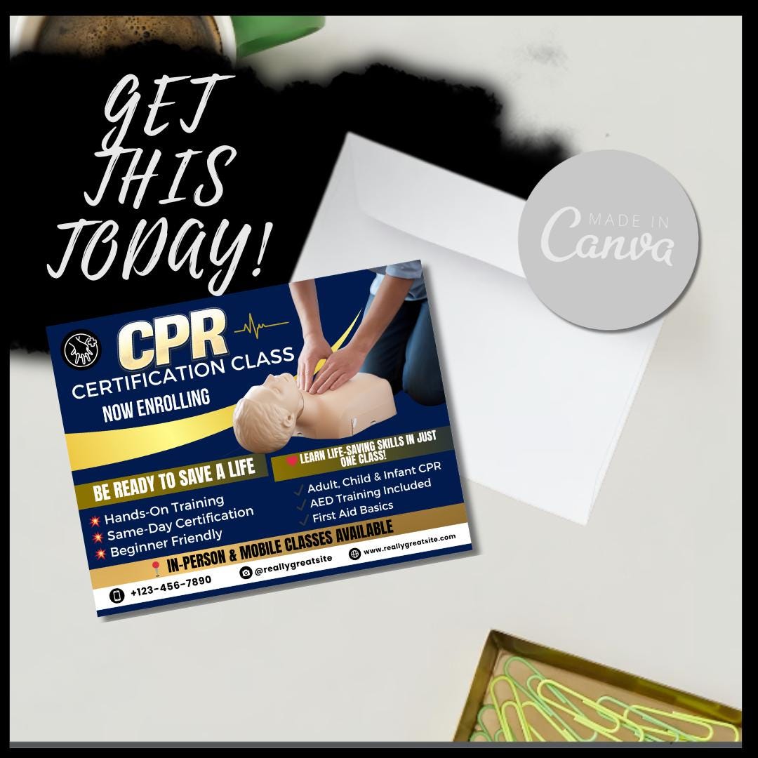 CPR Class Postcard Template | CPR Certification Flyer | Red CPR ...