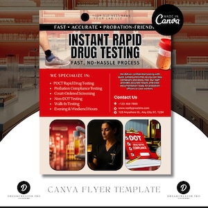 May include: A flyer for instant rapid drug testing. The flyer has a red and white color scheme with the text "Instant Rapid Drug Testing" and "Fast, No-Hassle Process." It lists services like POCT Rapid Drug Testing and Probation Compliance Testing. Contact information is included.