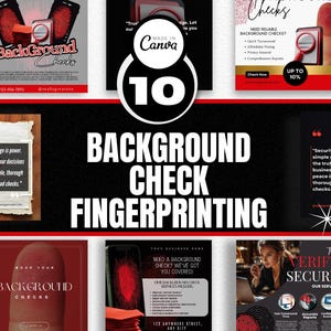 May include: A collage of images promoting background check services. The images feature fingerprints, a magnifying glass, and text that reads "Background Check Fingerprinting" and "Verify Secure".