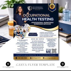 Pode incluir: Um folheto azul marinho para testes de saúde ocupacional. O folheto inclui o nome da empresa, os serviços e as informações de contato. A imagem apresenta uma mulher de uniforme azul e uma amostra de urina.