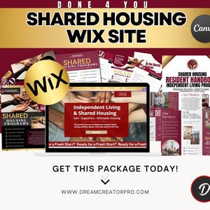 May include: Promotional image for a shared housing Wix website. The design features a laptop displaying a website, brochures, and a gold Wix logo. Text includes "Shared Housing" and "Get This Package Today!"